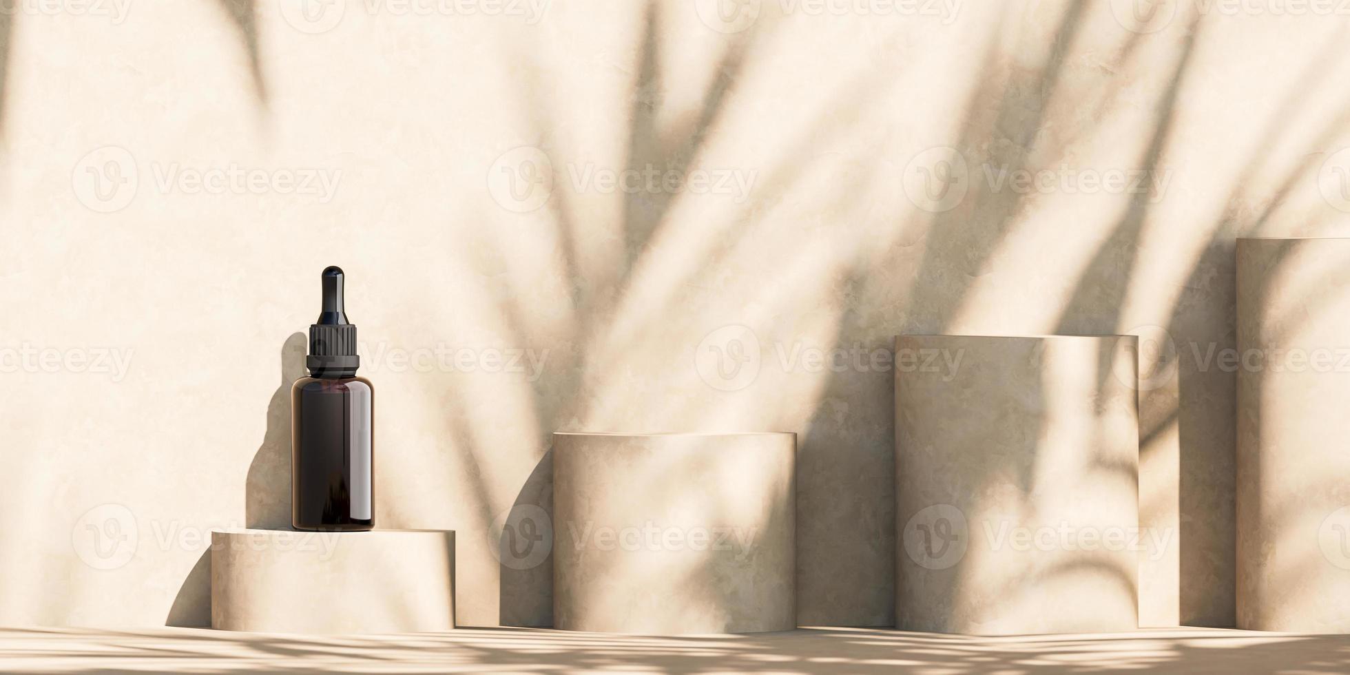 Mockup dropper bottle on cylinder platform, Sunshade shadow tropical plants on wall. abstract background for cosmetic presentation or ads. 3d rendering photo
