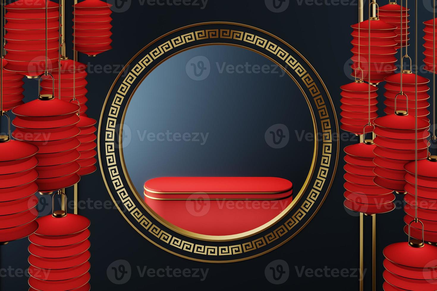 The red platform in the middle of the circle frame golden chinese style, Dark blue background and red lanterns hanging around.abstract background for product presentation or ads. 3d rendering photo