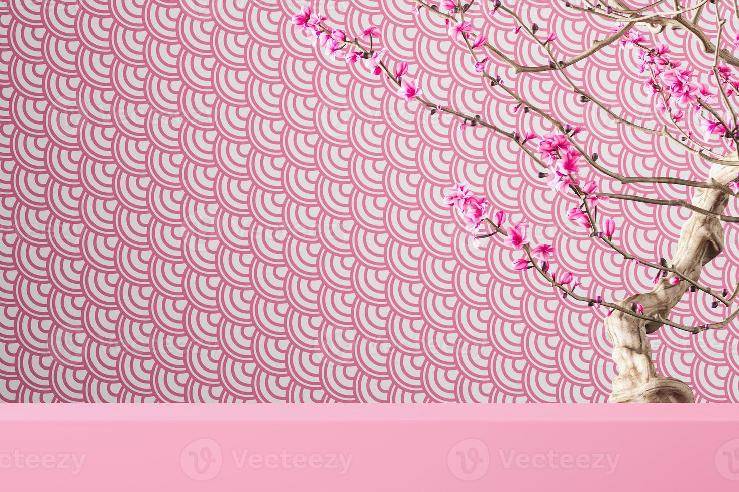 Pink platform on pink fish scales pattern and Sakura tree. abstract background for product presentation or ads. 3d rendering photo