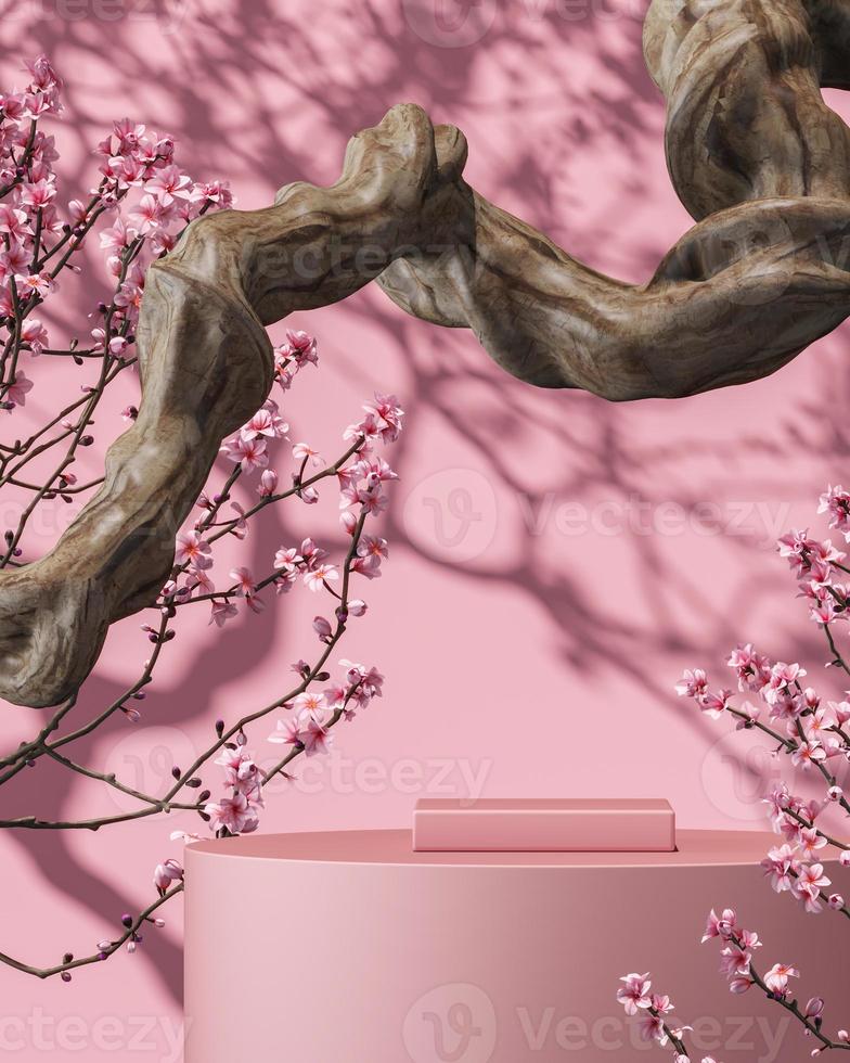 Pink platform on branch and Sakura tree background, sunshade shadow on wall. abstract background for product presentation or ads. 3d rendering photo