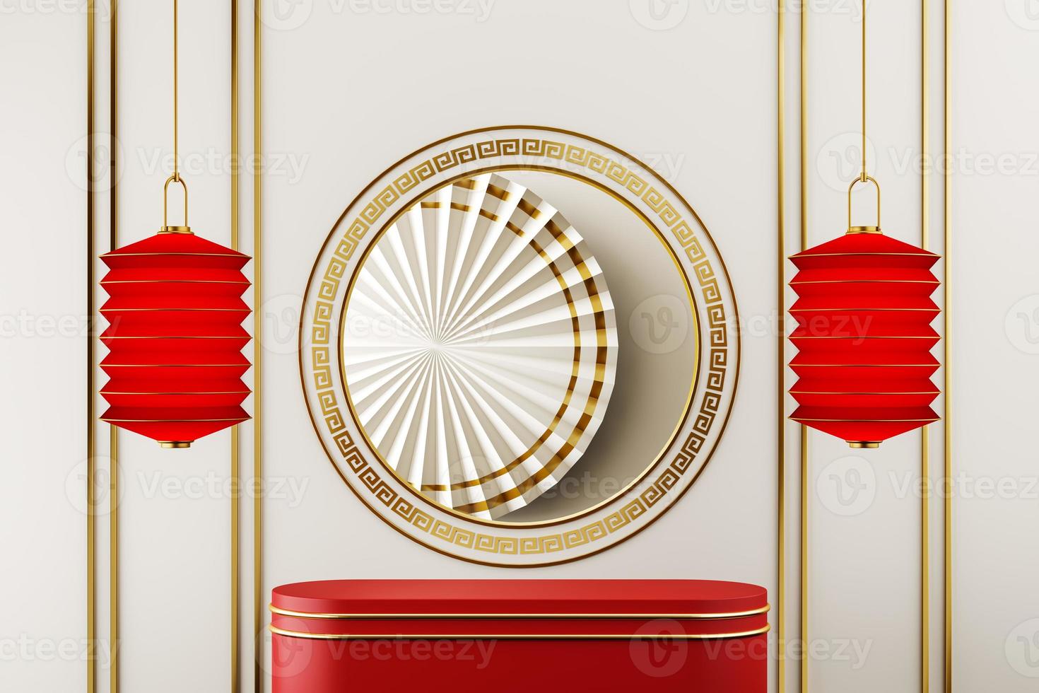 The red platform on white backdrop chines style, Chines circle gold frame window and chinese fan, Red lanterns hanging around.abstract background for product presentation or ads. 3d rendering photo