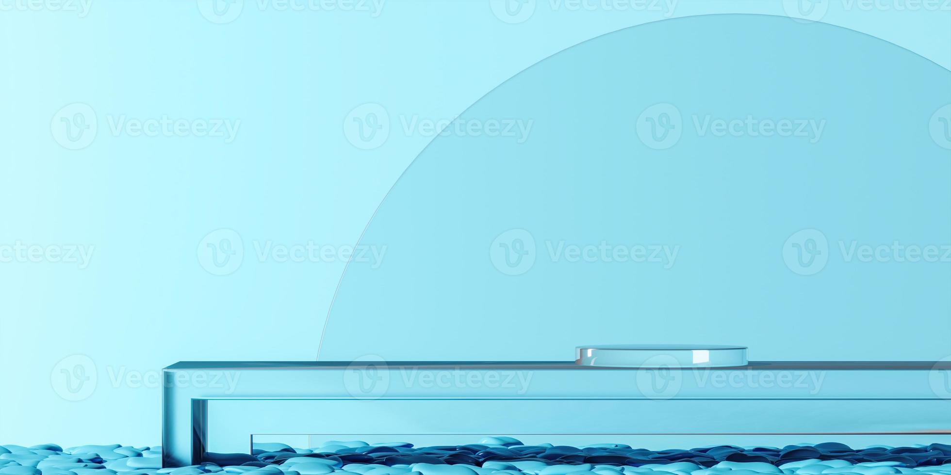 Glass platform on blue scene, stone below and circle glass on background, abstract background for product presentation. 3d rendering photo