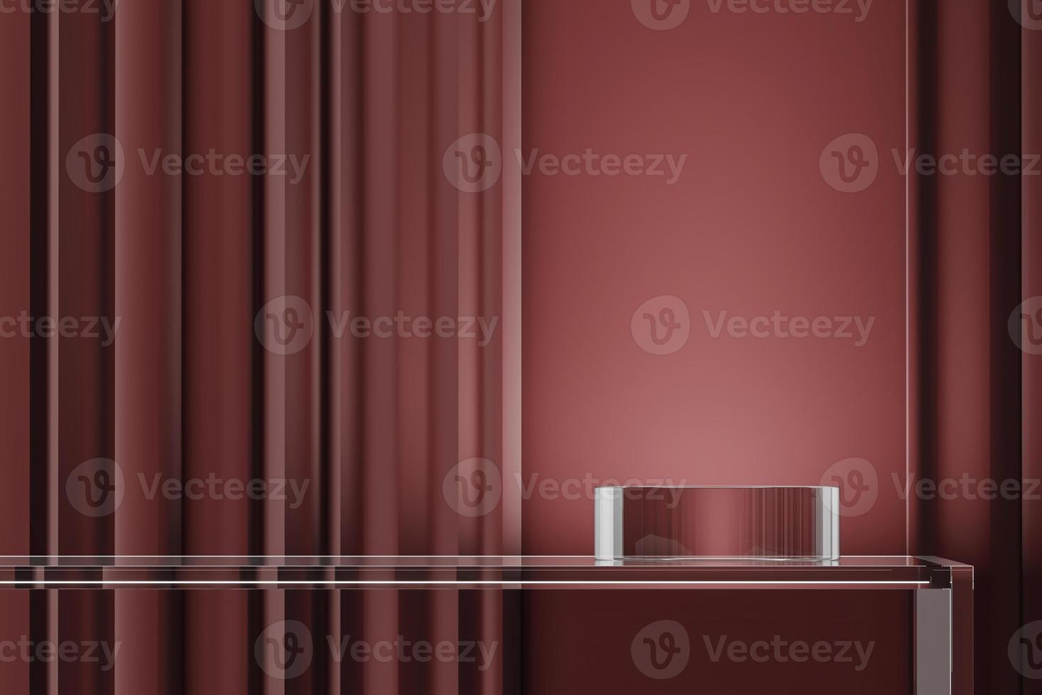 Glass podium on glass platform and red background, abstract background for product presentation. 3d rendering photo