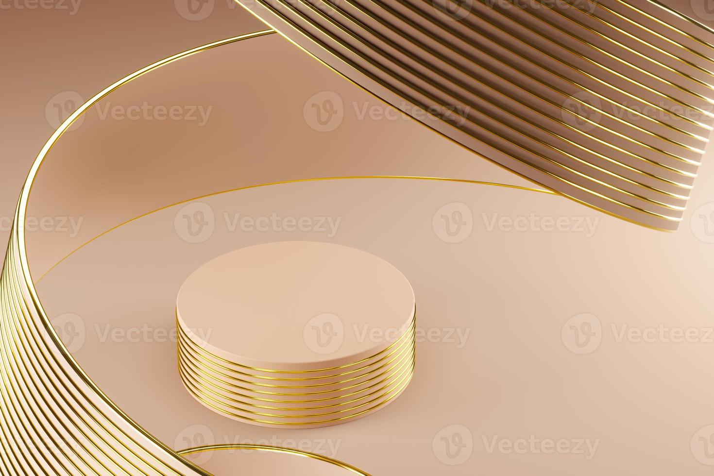 Beige podium on abstract soft background, beige ribbon and gold line texture bending around podium. minimal background for product presentation. 3d rendering photo