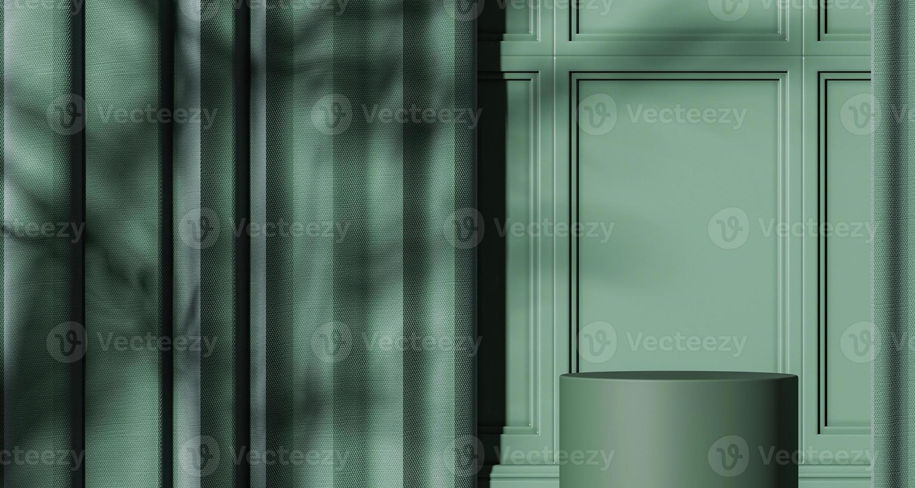 Green podium on green mockup scene, sunshade and plants shadow on wall, abstract background for product or presentation. 3d rendering photo