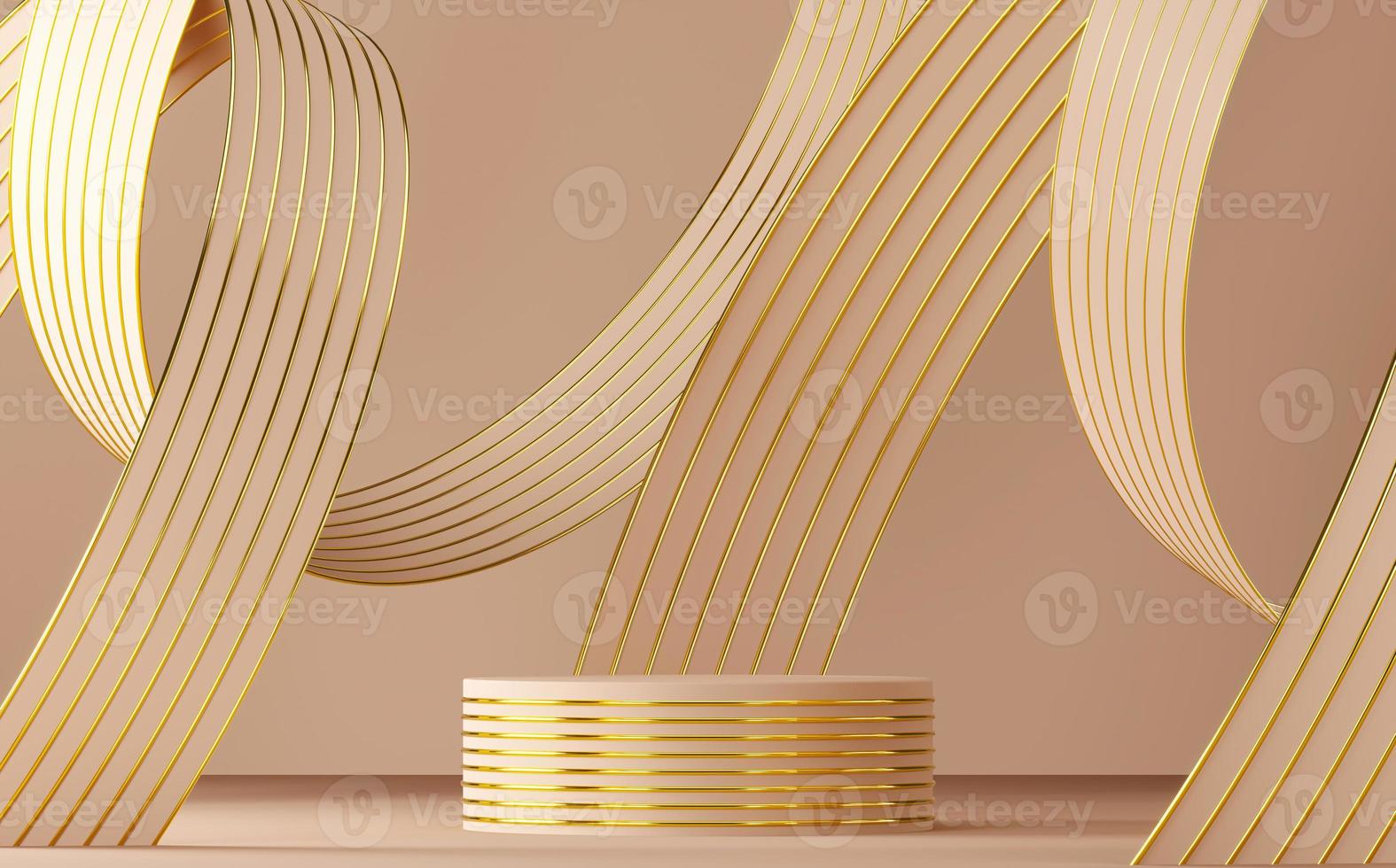 Beige podium on abstract soft background, beige ribbon and gold line texture bending around podium. minimal background for product presentation. 3d rendering photo