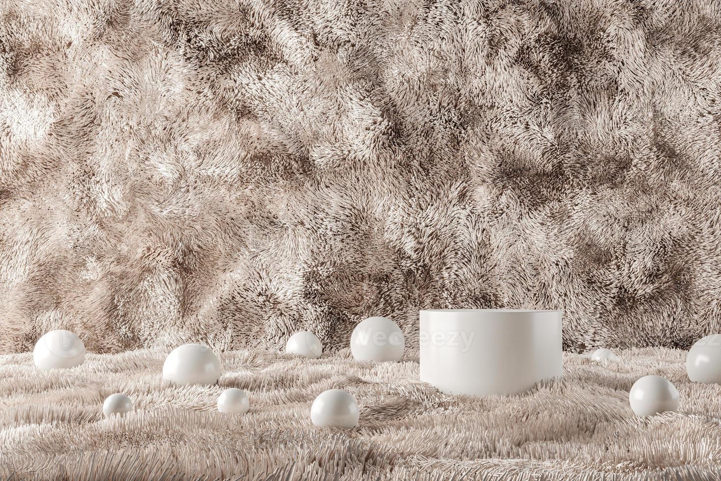 White podium and many ball on beige wool. abstract background for product presentation or ads. 3d rendering photo