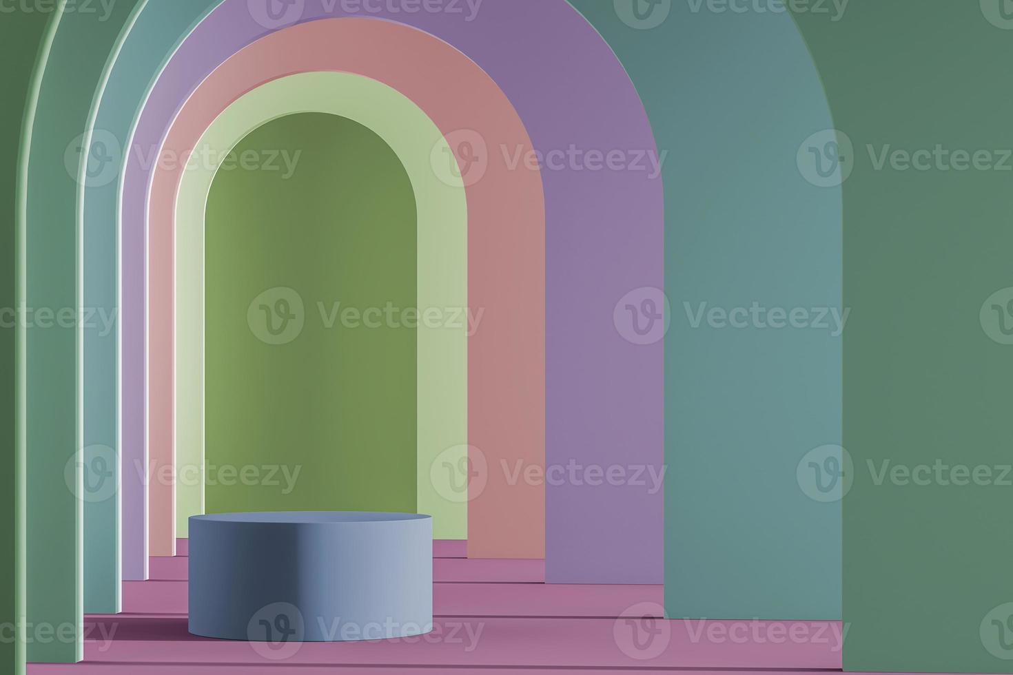 Cylinder platform on multicolored arch wall pattern background. mockup scene for product presentation. 3d rendering photo
