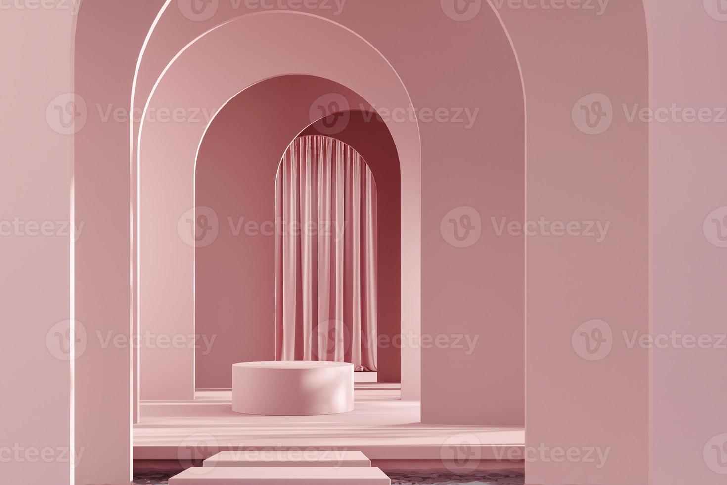 Cylinder platform on arch wall pattern background. mockup scene for product presentation. 3d rendering photo