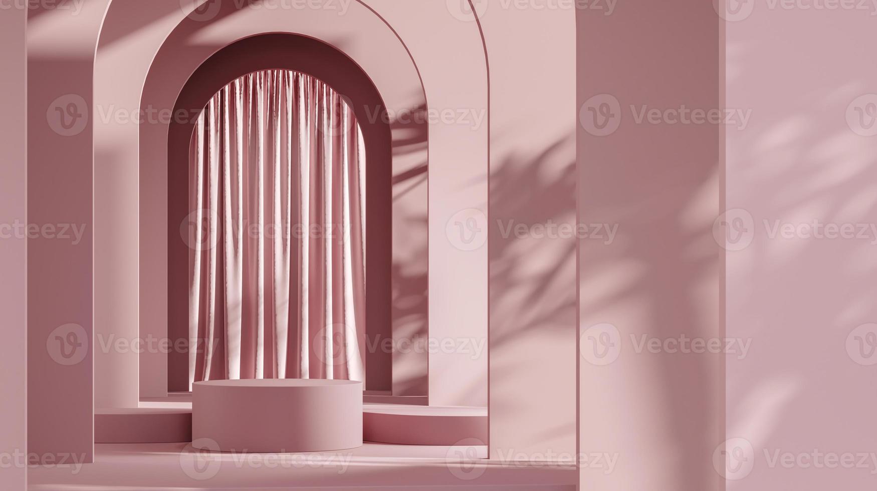 Pink platform on wall and curtain background, mockup scene for product presentation, 3d rendering photo