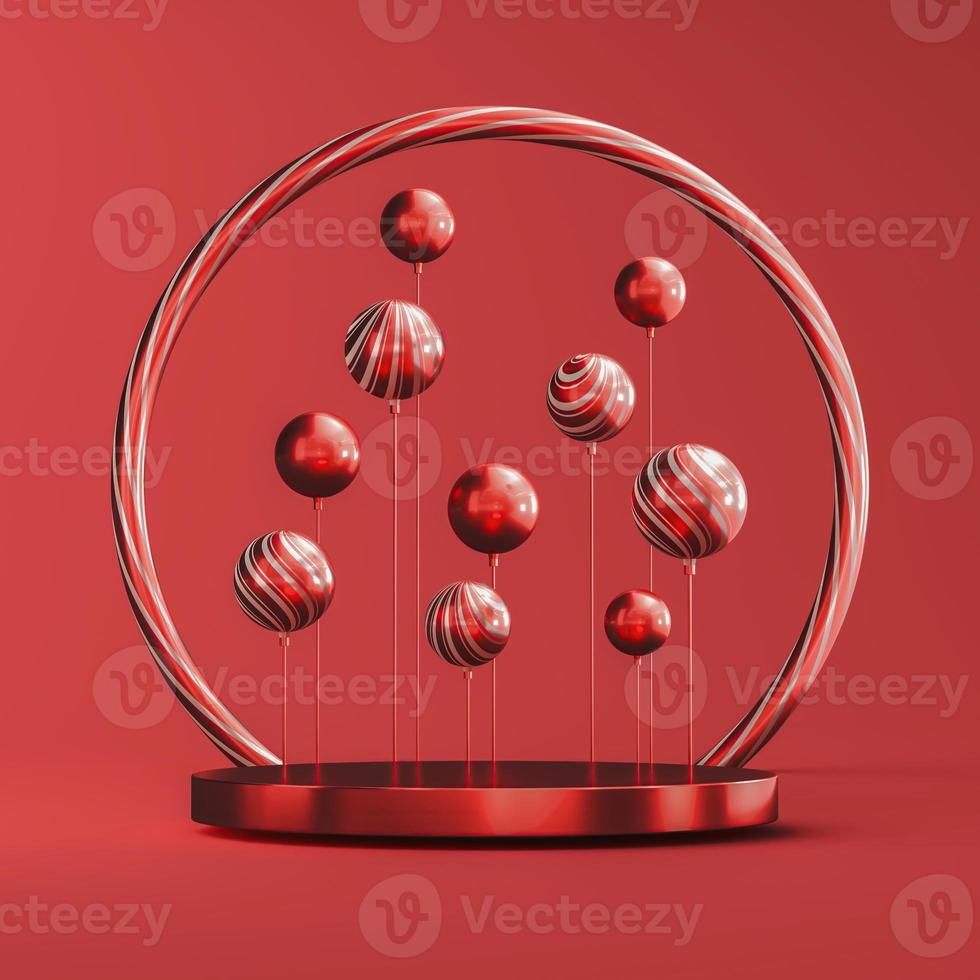 Red platform for product presentation, floating red balls. abstract background for presentation. 3d rendering photo