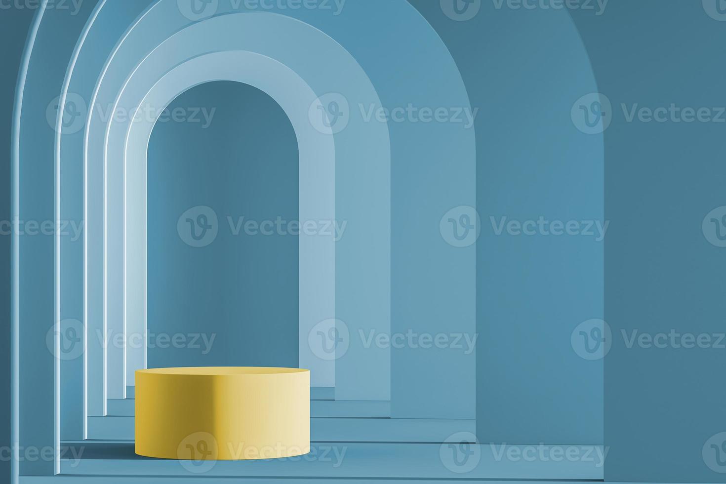 Yellow cylinder platform on arch gradient blue wall pattern background. mockup scene for product presentation. 3d rendering photo