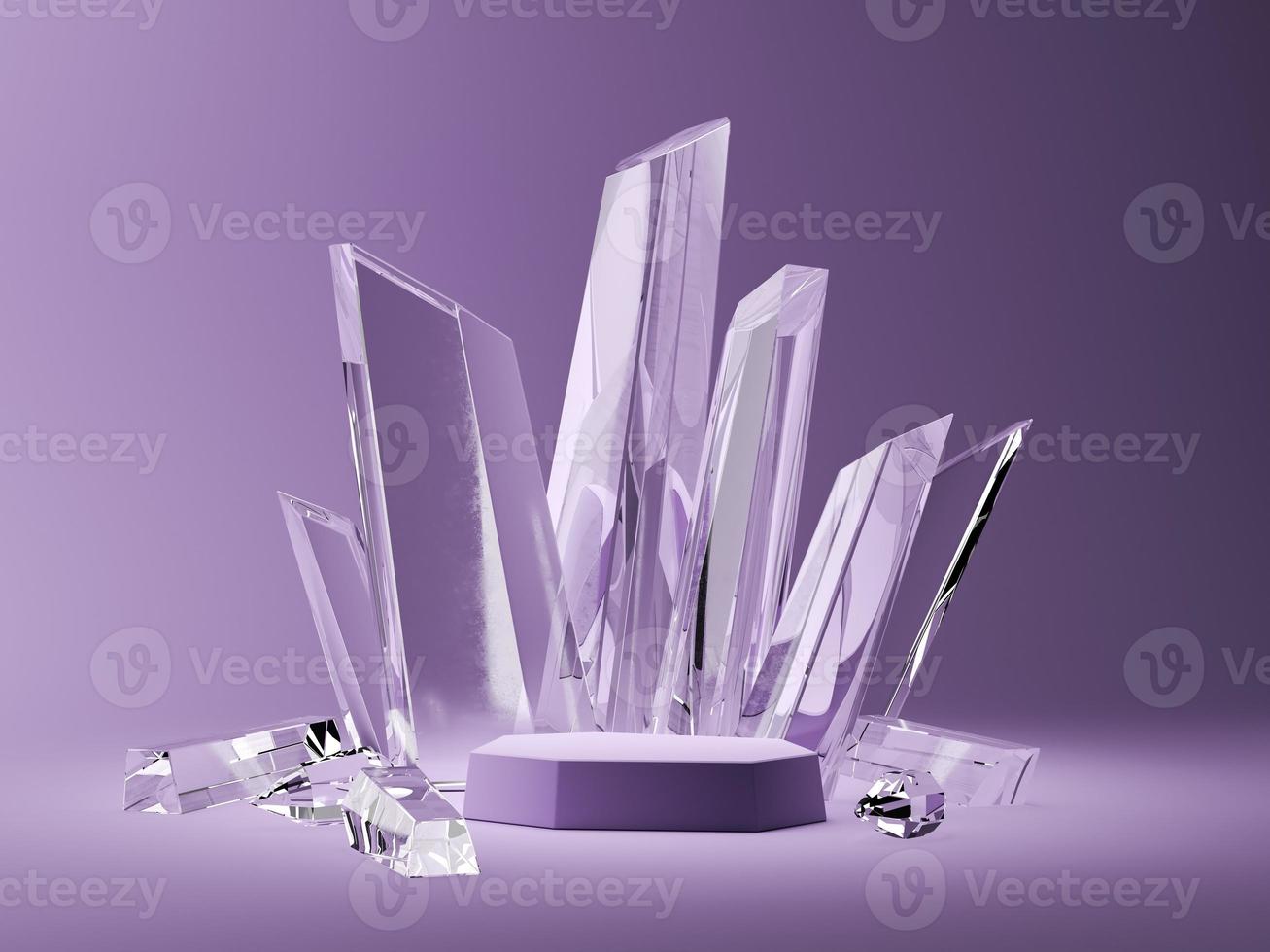 The purple base and crystal sticks in the purple scene. abstract background for accessories or jewelry. 3d rendering photo