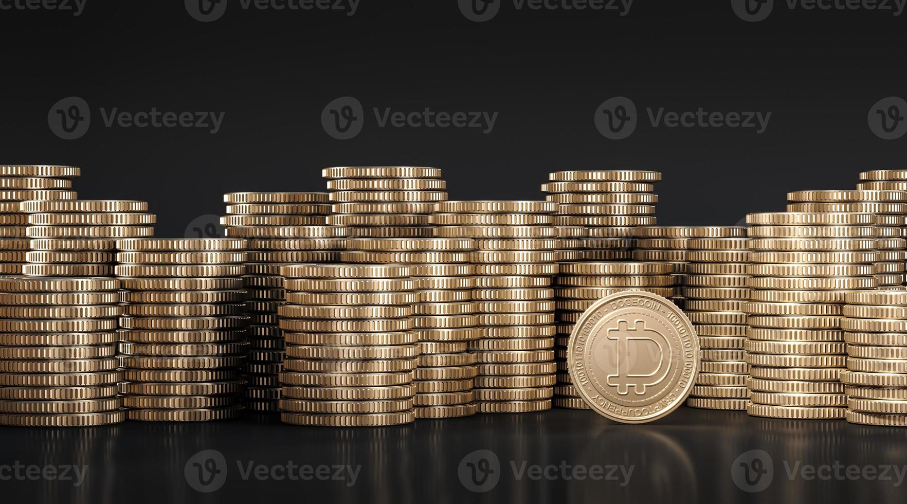 Mockup background for financial presentation, golden Dogecoin among golden coins stacked on each other in different positions photo