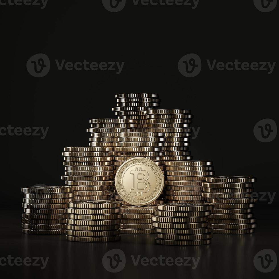 huge stack golden Bitcoin coins in black scene, mockup digital currency coin for financial, token exchange promoting, advertising purpose photo