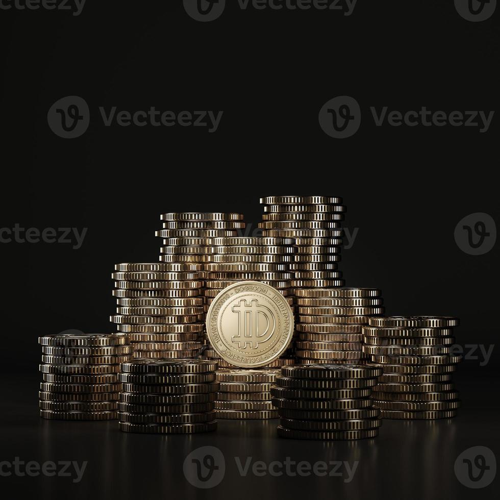 huge stack golden Dogecoine coins in black scene, mockup digital currency coin for financial, token exchange promoting, advertising purpose photo