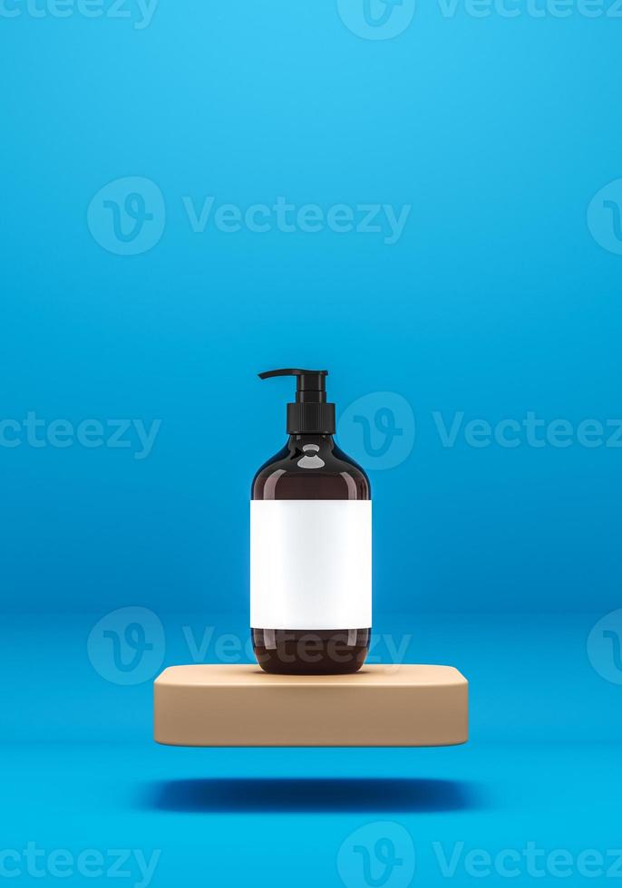 The pump bottle on floating beige platform on blue backdrop, Minimalist background for spa and cosmetic presentation. 3d rendering photo