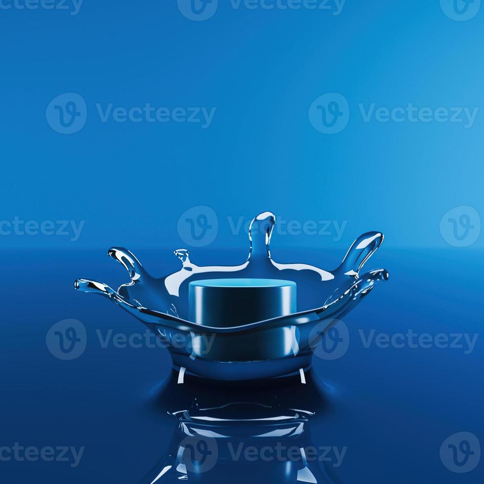 Blue cylindrical platform in clear water spread on blue background. 3d rendering photo