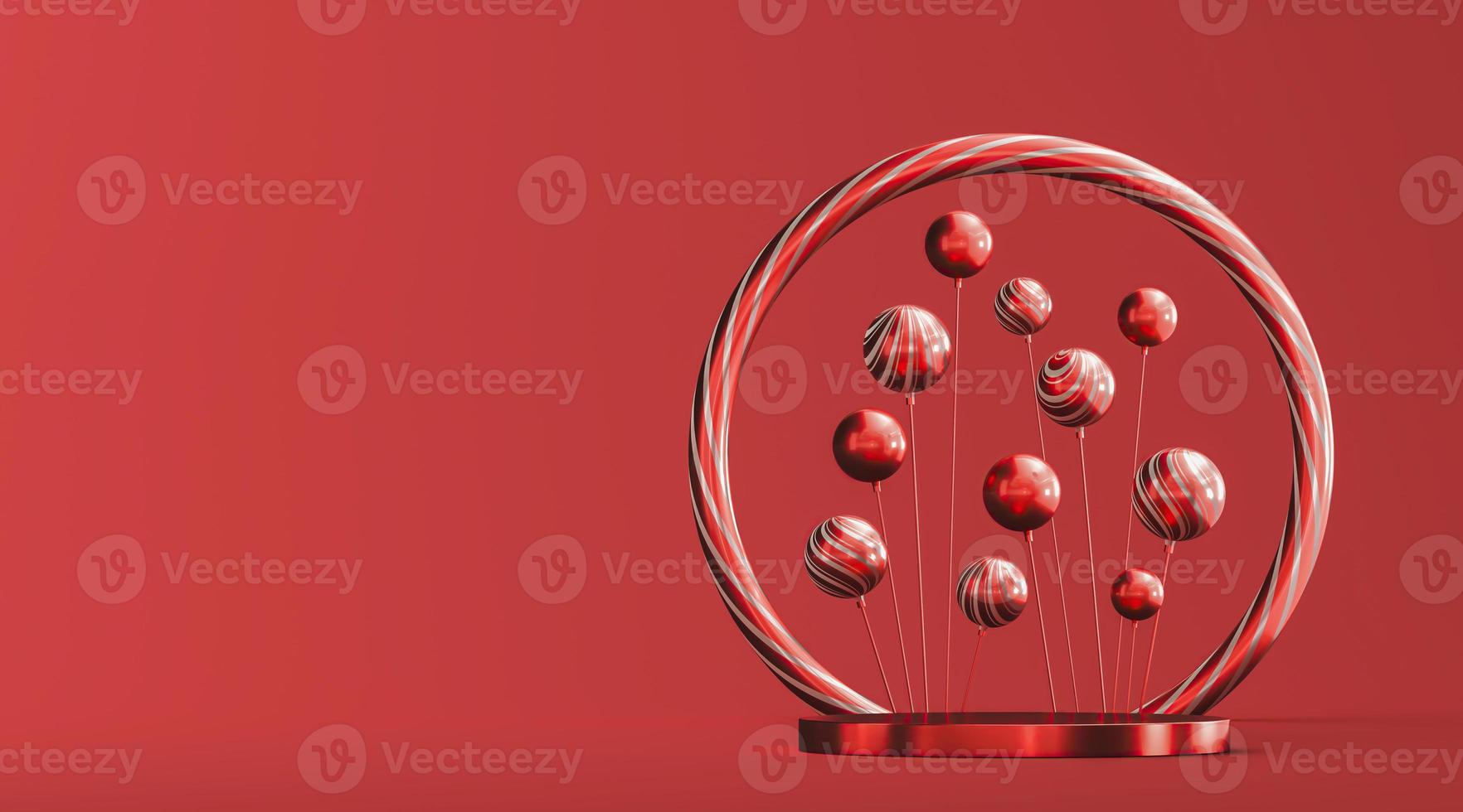 Red platform for product presentation, floating red balls. abstract background for presentation. 3d rendering photo