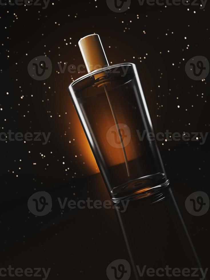 abstract transparent cylinder bottles on a black background with stars, product for present. photo