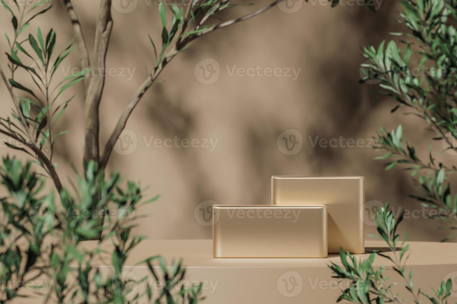 Shiny platform on beige mockup scene, blur plants foreground and plants shade background, abstract background for product presentation or ads. 3d rendering photo