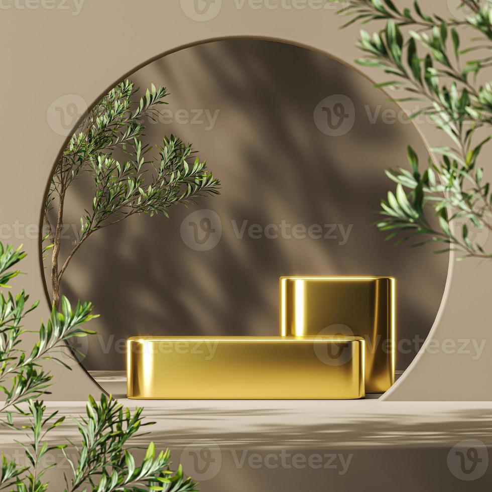 Golden platform on mockup scene, blur plants foreground and plants shade background, abstract background for product presentation or ads. 3d rendering photo