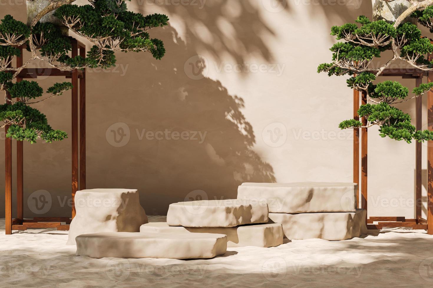 losas de piedra apiladas sobre arena y bonsai, sombra de sombrilla en la pared beige, fondo abstracto para la presentación de productos o anuncios. representación 3d foto