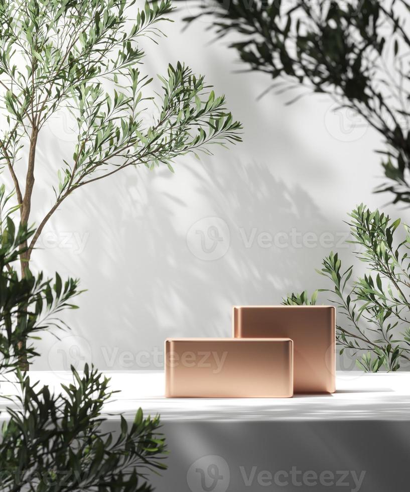 Shiny platform on white mockup scene, blur plants foreground and plants shade background, abstract background for product presentation or ads. 3d rendering photo