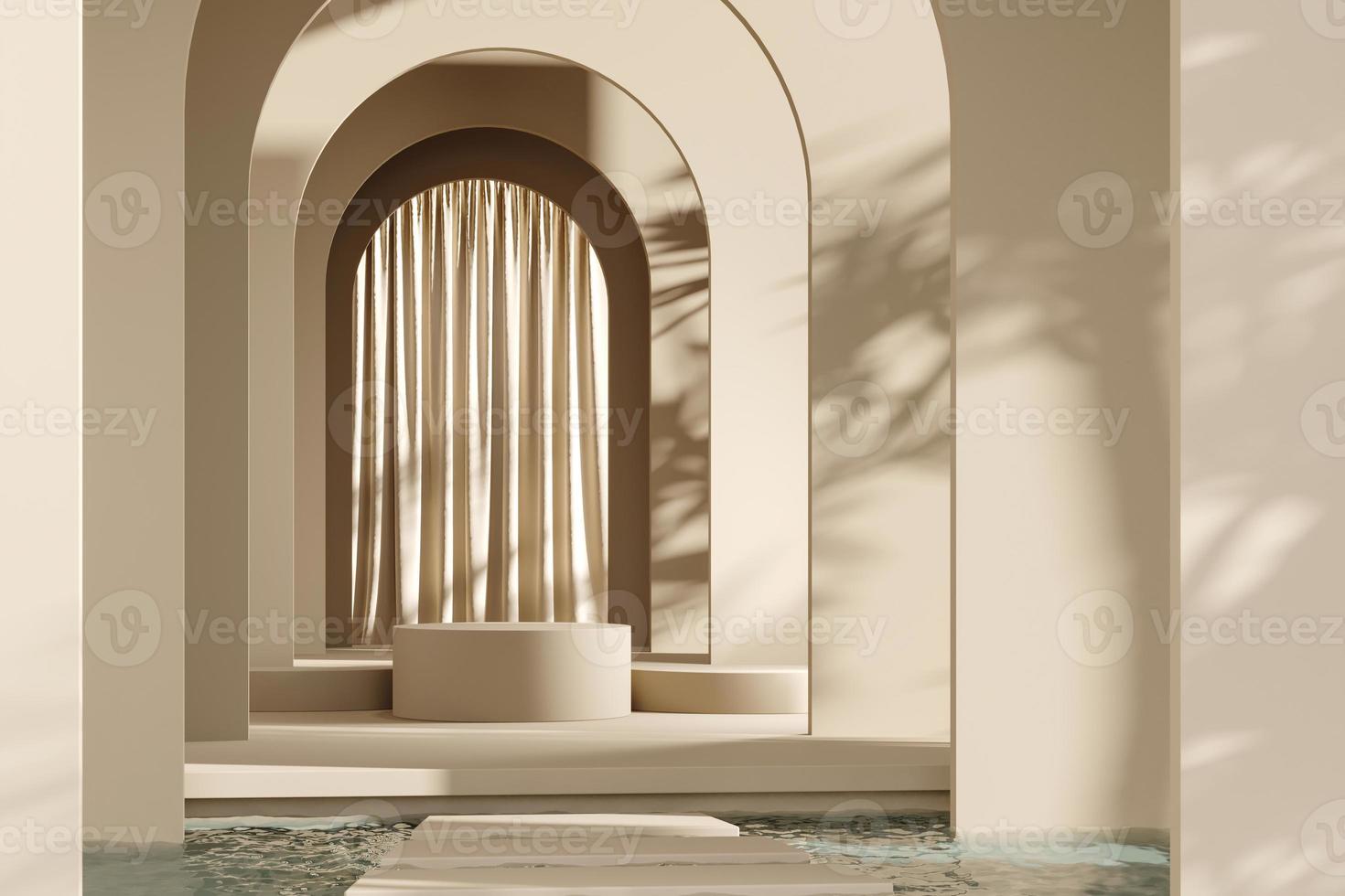 White beige platform on wall and curtain background, mockup scene for product presentation, 3d rendering photo