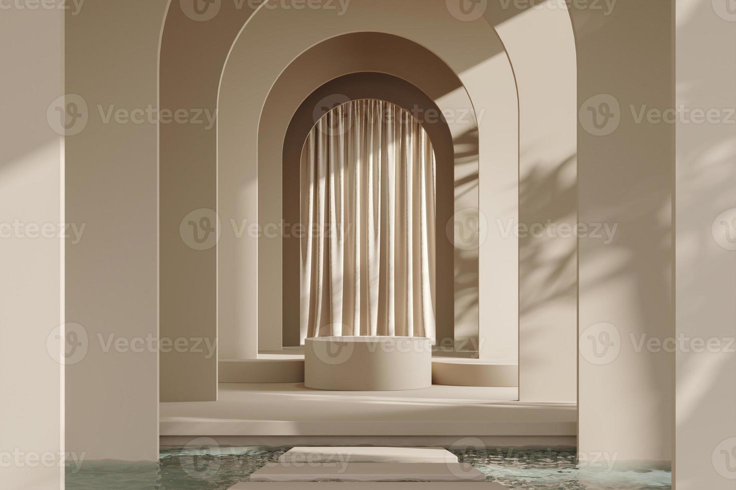 White beige platform on wall and curtain background, mockup scene for product presentation, 3d rendering photo