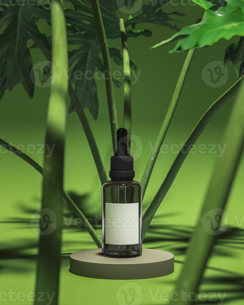 mockup serum dropper bottle on base in green studio for presentation. photo