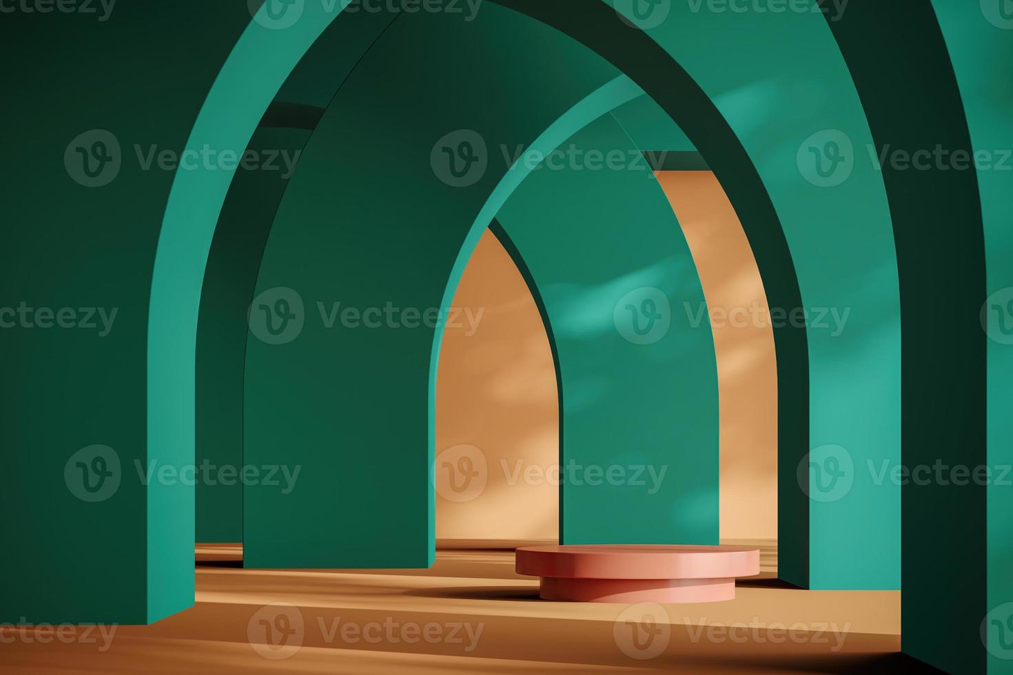 Brown platform on abstract arch background, mockup scene for product presentation, 3d rendering photo