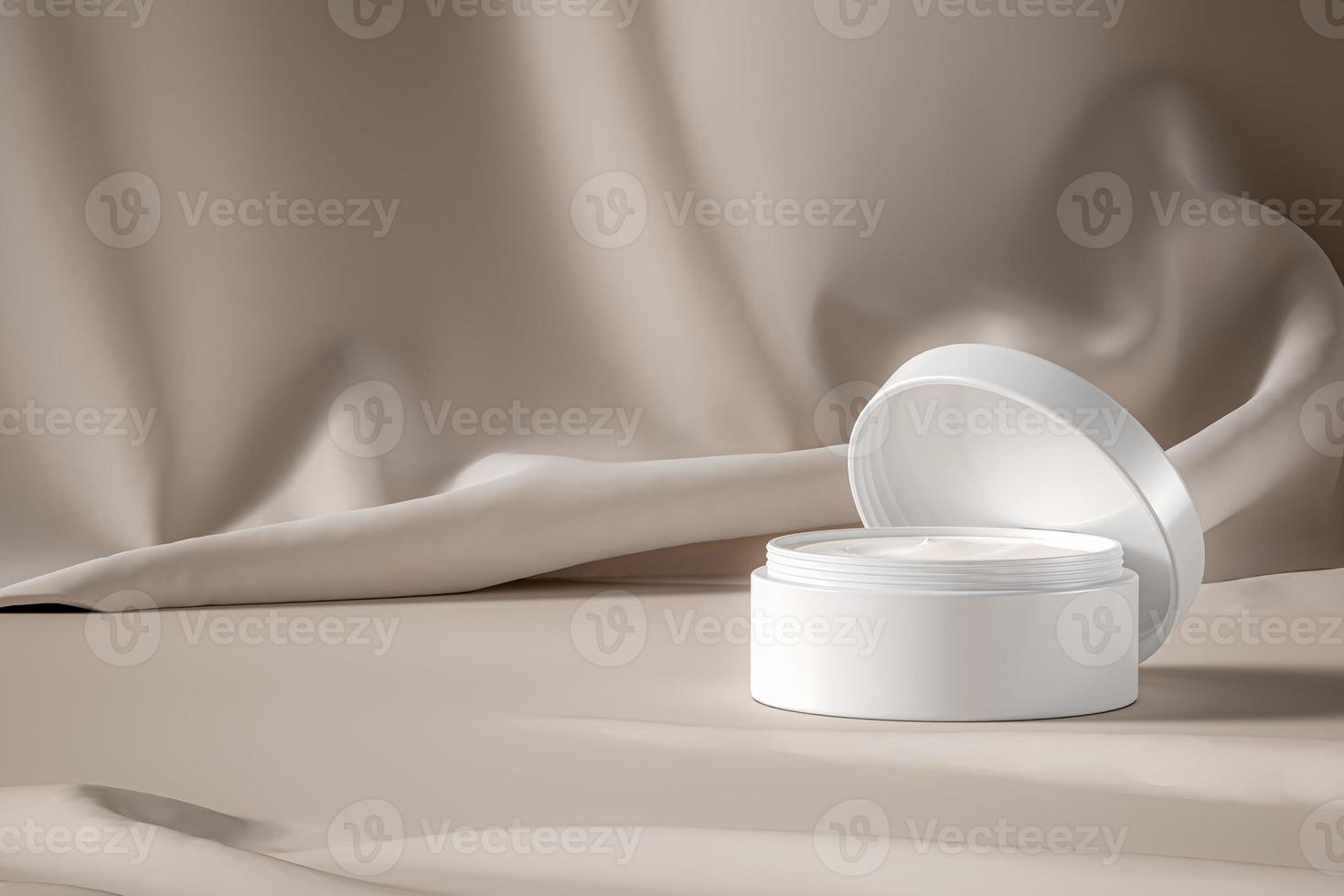 mockup white cream jar in soft brown fabric scene photo