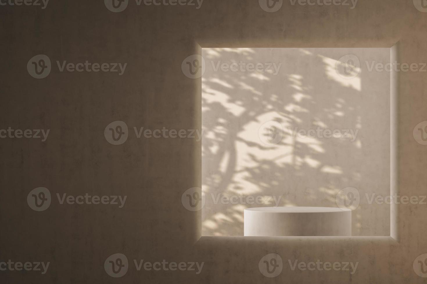 a porthole overlooking a cylindrical podium and a tree shadow, abstract mockup scene work space for presentation. photo