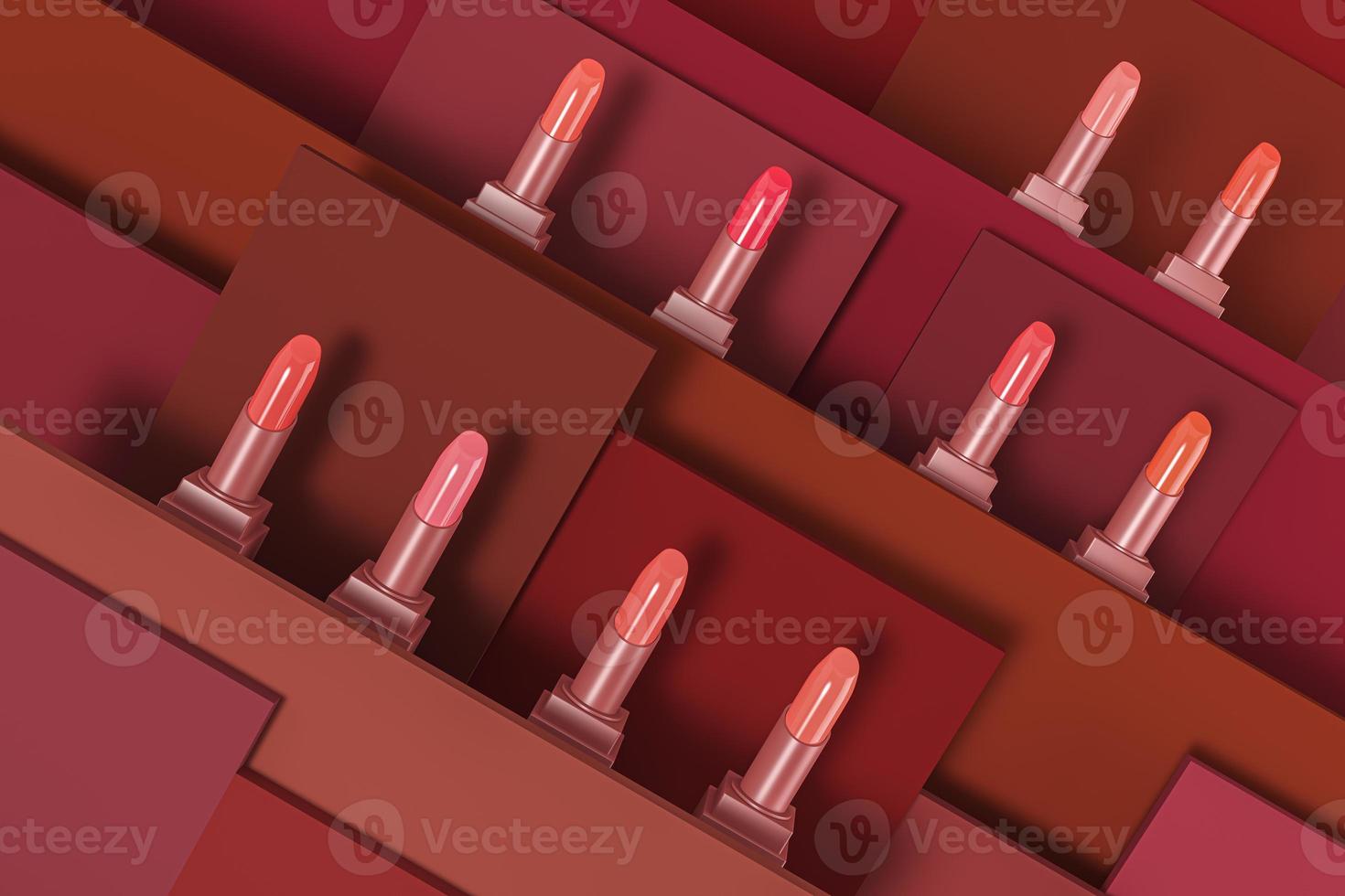 many champagne shiny lipstick random color texture cream in red tone backdrop, background for ads branding or presentation. 3d rendering photo
