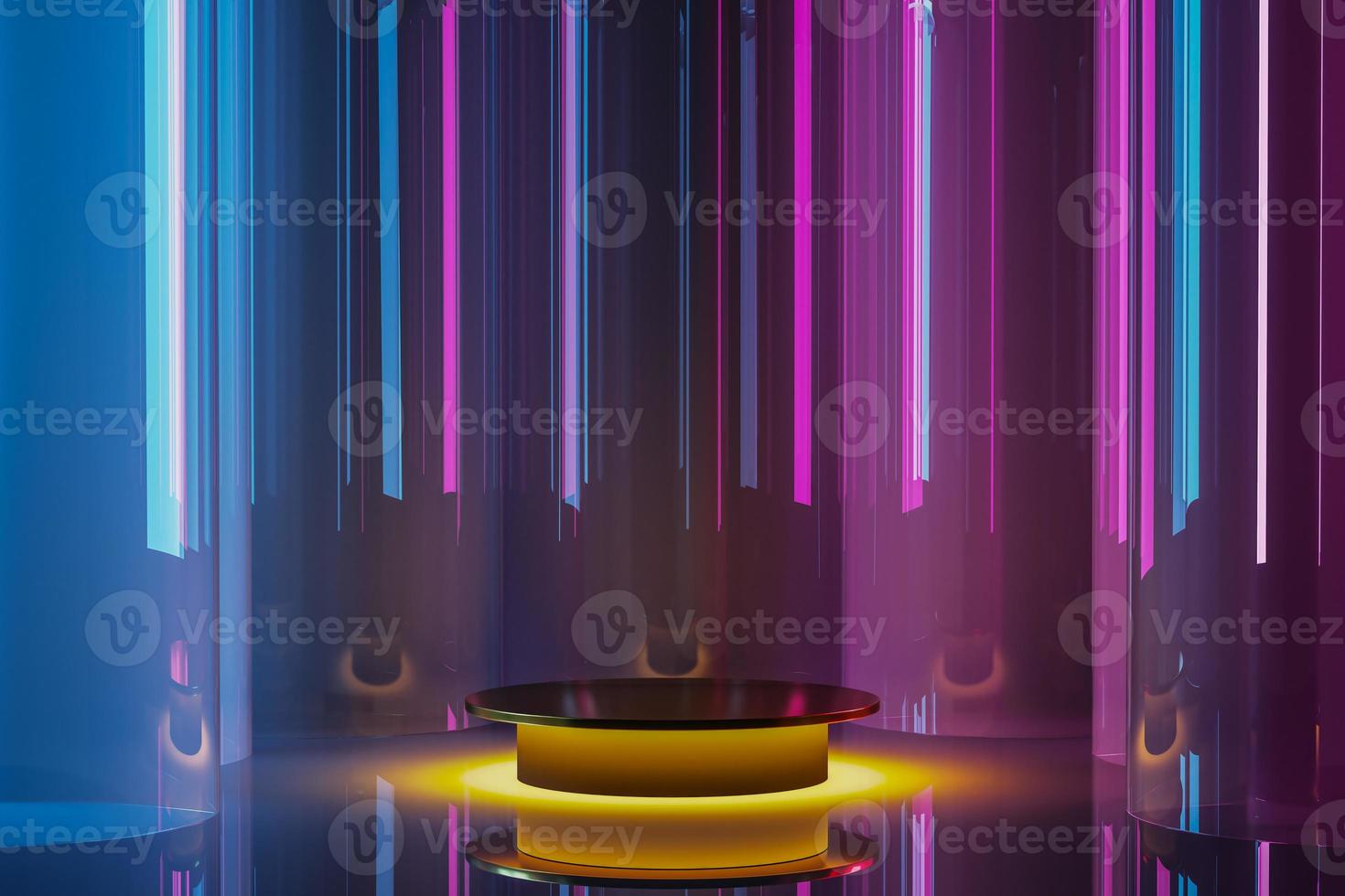 the gold circle stage in the midst of blue and purple gradient glass tube, abstract mockup for presentation. photo