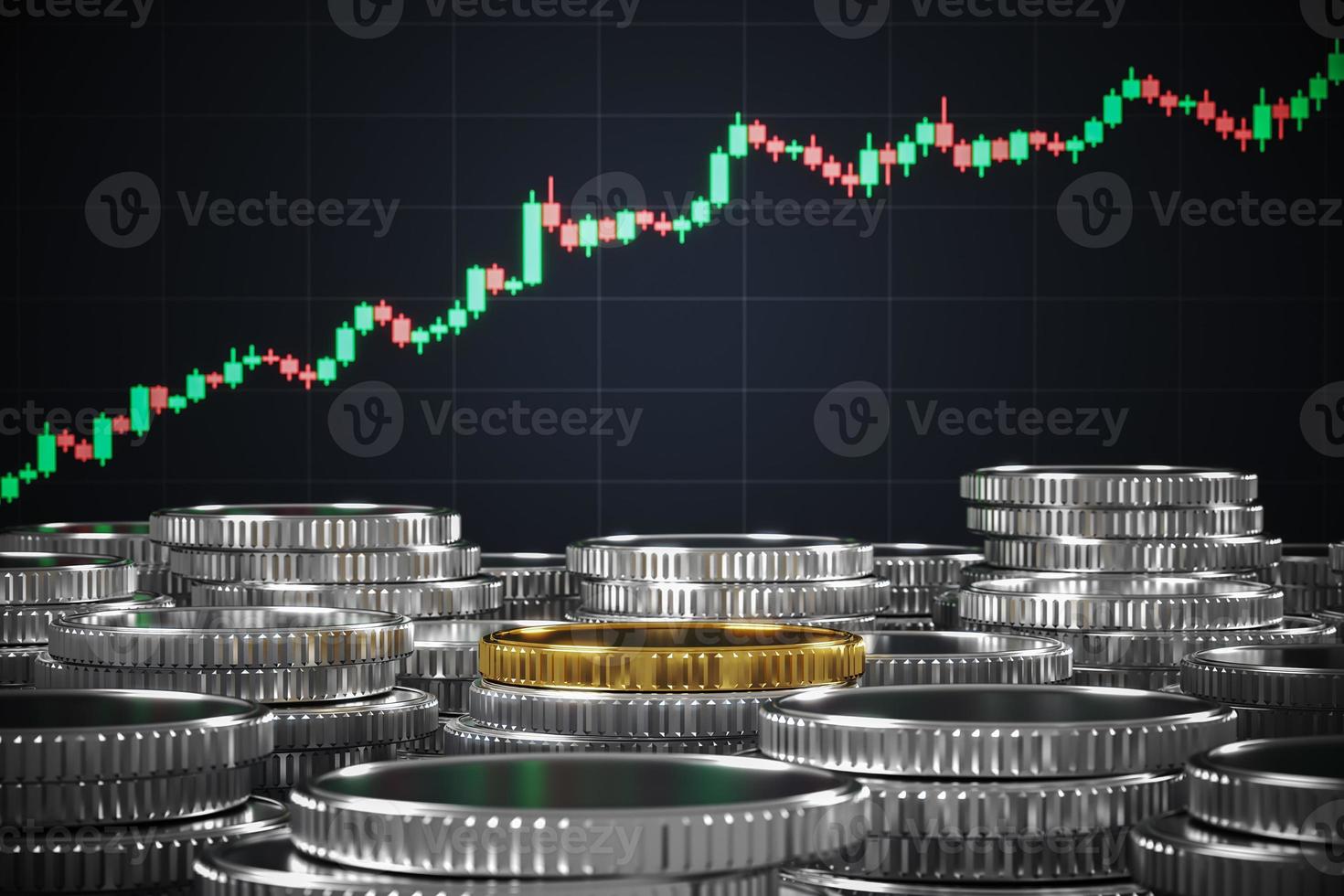 Gold coins on those silver coins in front of the candlestick chart, Mockup background for financial presentation. 3d rendering photo