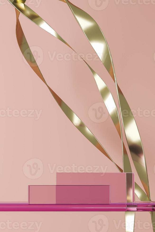 Abstract background for product presentation or branding, Pink glass platform on pink glass base, gold metal line curve props. 3d rendering photo