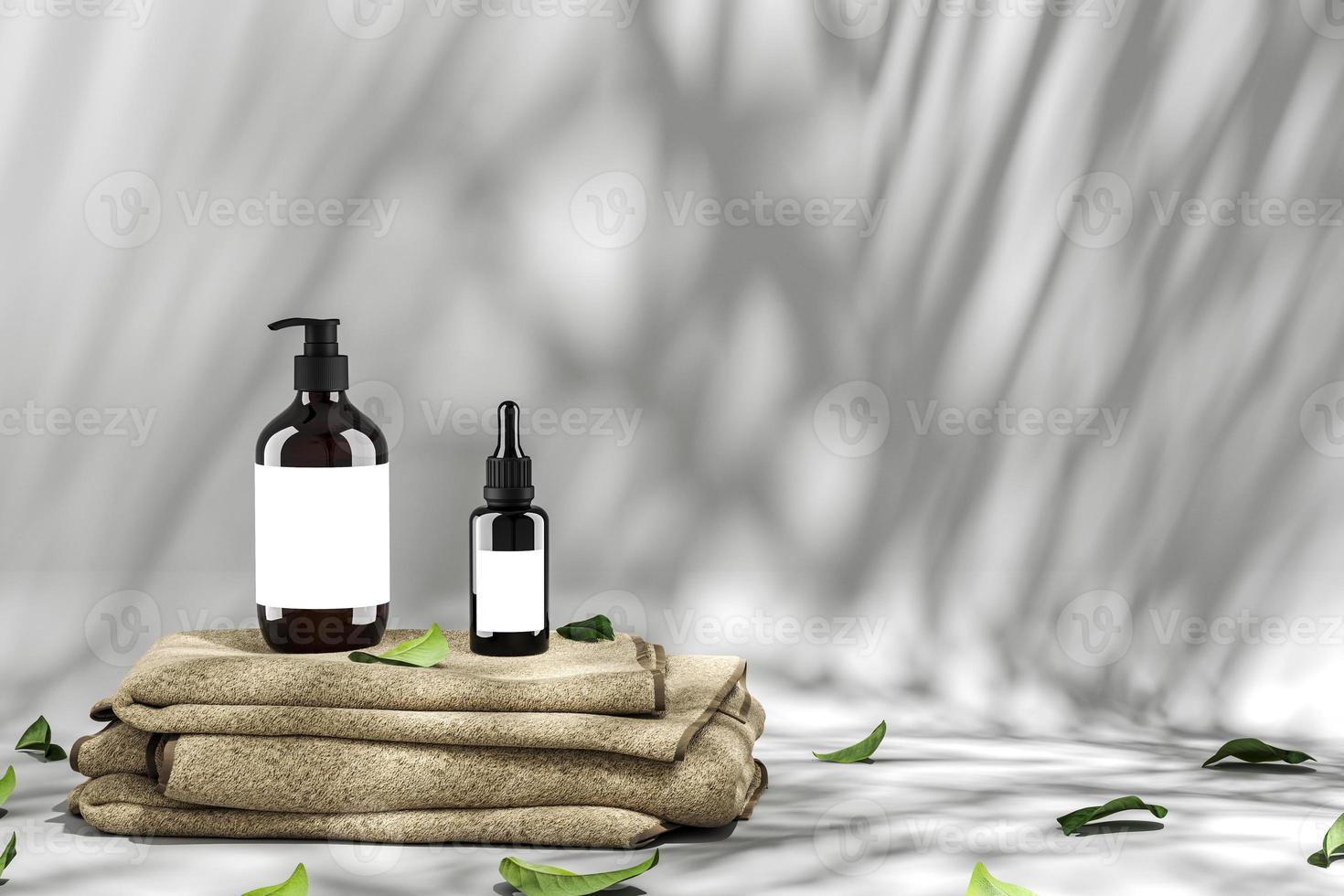 Minimalist background for cosmetic and spa presentation, Two cosmetic bottle on brown fabric, leaves scattered around. 3d rendering photo