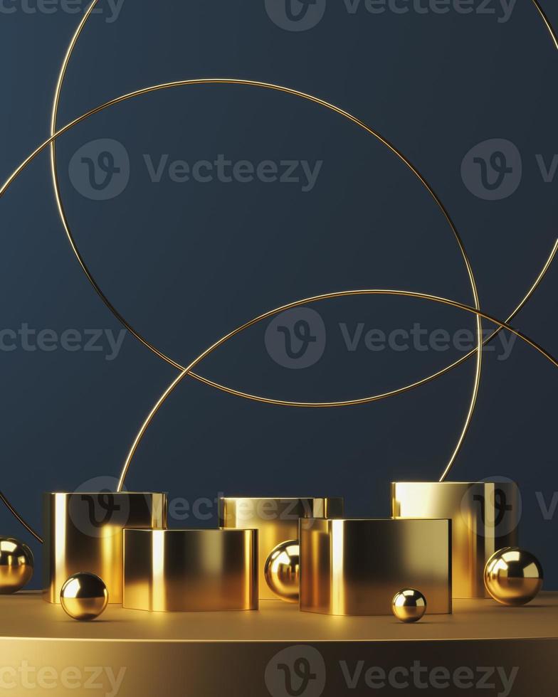 Golden podiums balls and ring on gold platform, abstract background for presentation or advertising. 3d rendering photo