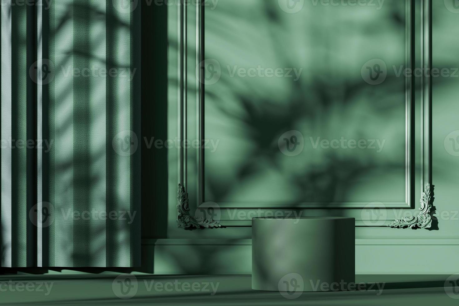 Green podium on green mockup scene, sunshade and plants shadow on wall, abstract background for product or presentation. 3d rendering photo