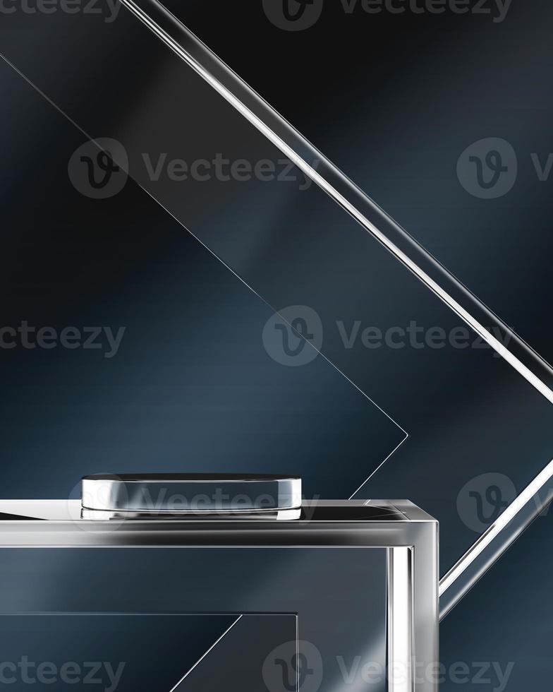 Glass platform on gradient dark blue background, Background for product presentation. 3d rendering photo
