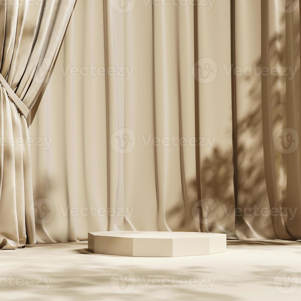 Beige platform on beige curtain scene , sunshade and trees shadow on background. Abstract background for product or ads presentation. 3d rendering photo