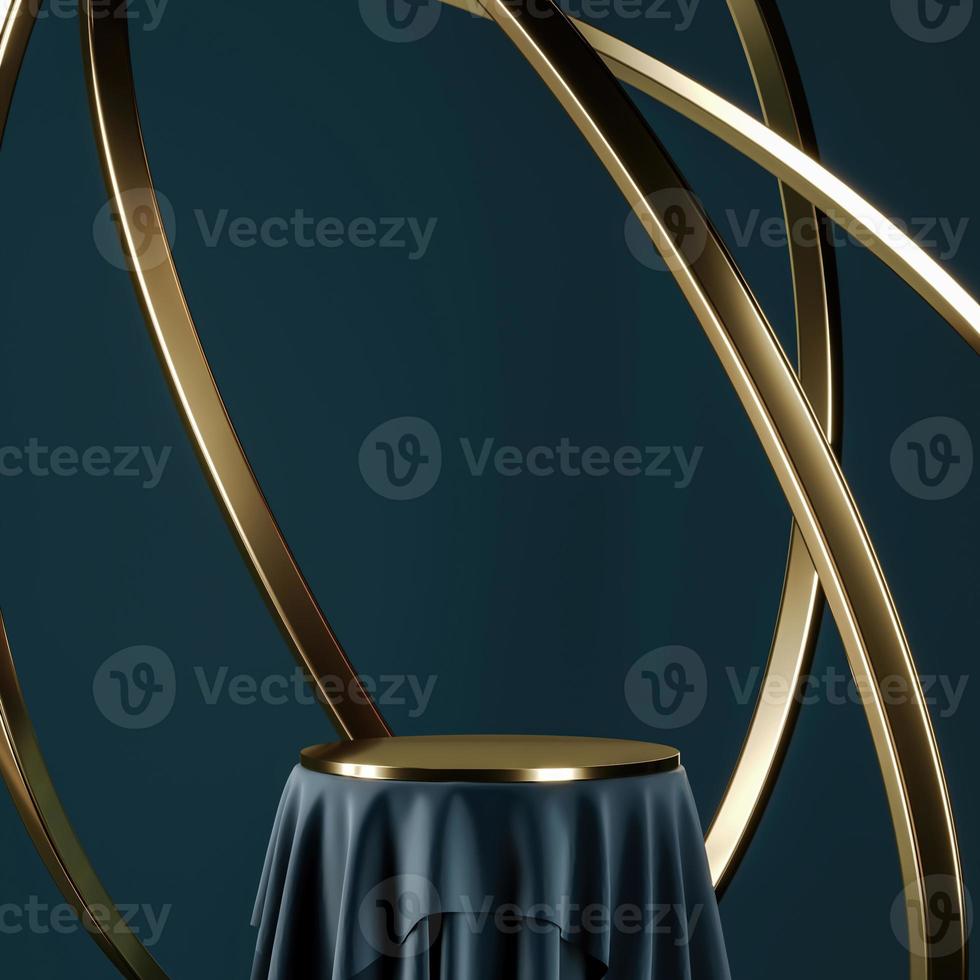 Blue podium and gold top table, floating golden ring. abstract background for product presentation or ads. 3d rendering photo
