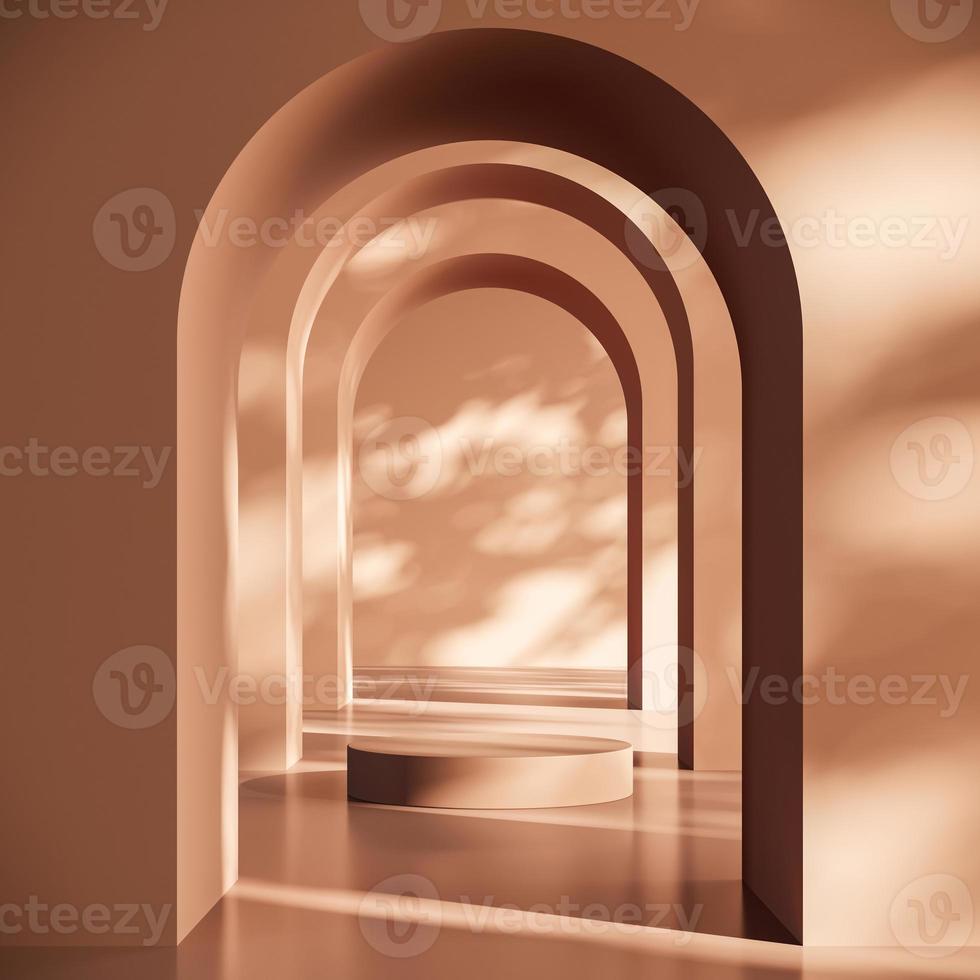 Brown platform on arch wall background, mockup scene for product presentation, 3d rendering photo