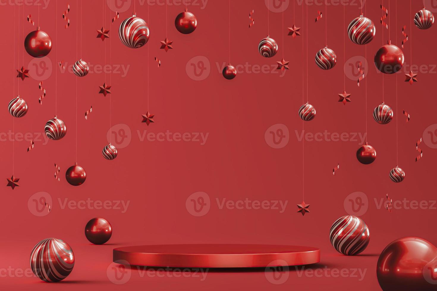 Red platform for product presentation, floating red balls star and ribbon. abstract background for presentation. 3d rendering photo