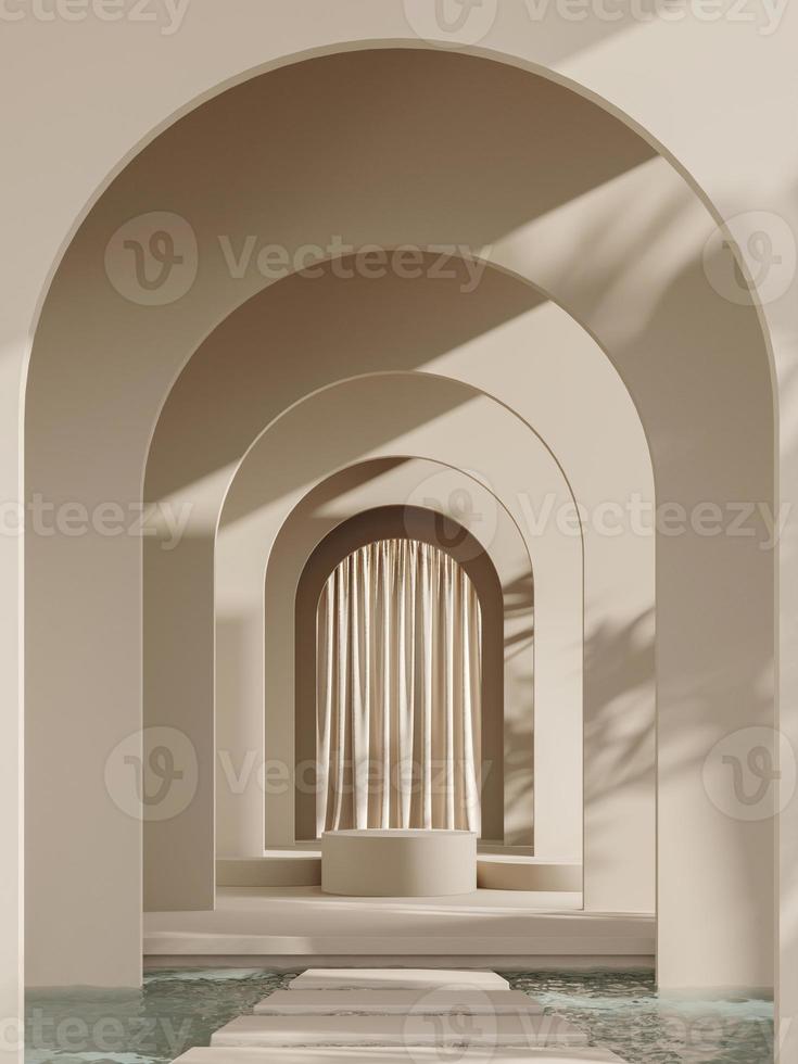 White beige platform on wall and curtain background, mockup scene for product presentation, 3d rendering photo