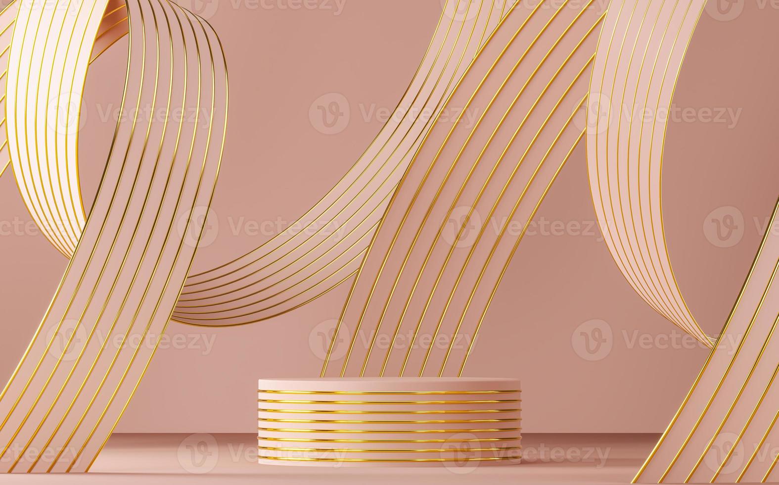 Pink podium on abstract soft background, pink ribbon and gold line texture bending around podium. minimal background for product presentation. 3d rendering photo