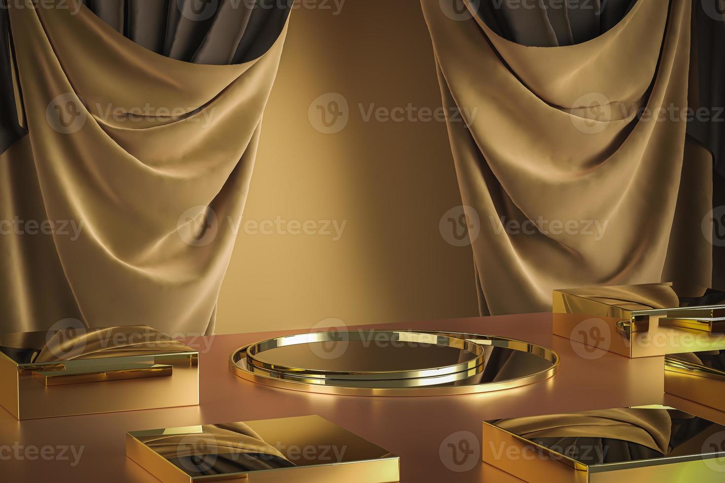 abstract mockup luxury scene, gold and shiny geometry on the champagne base was in front of beige curtains and backdrop photo