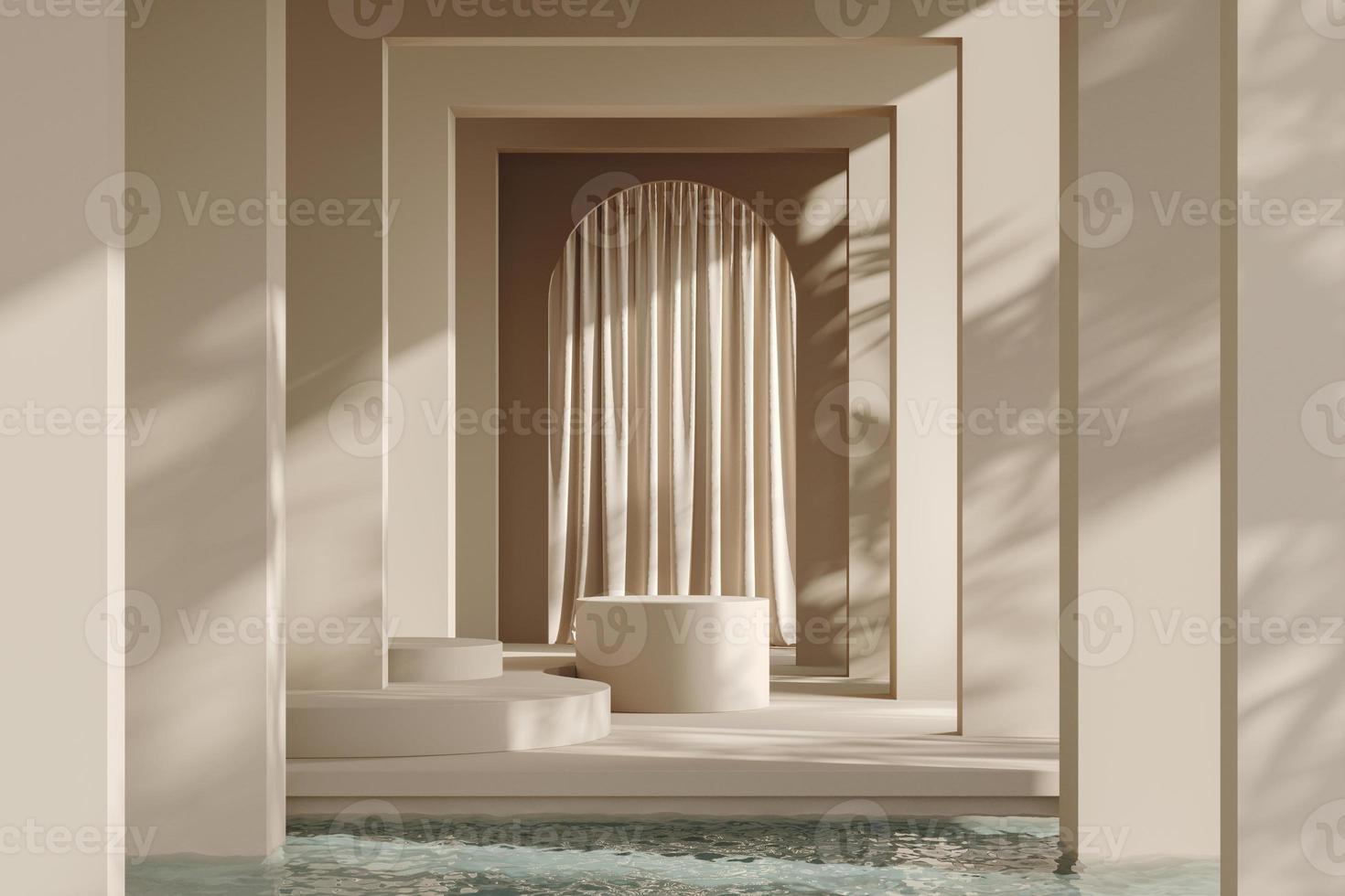 White beige platform on wall and curtain background, mockup scene for product presentation, 3d rendering photo